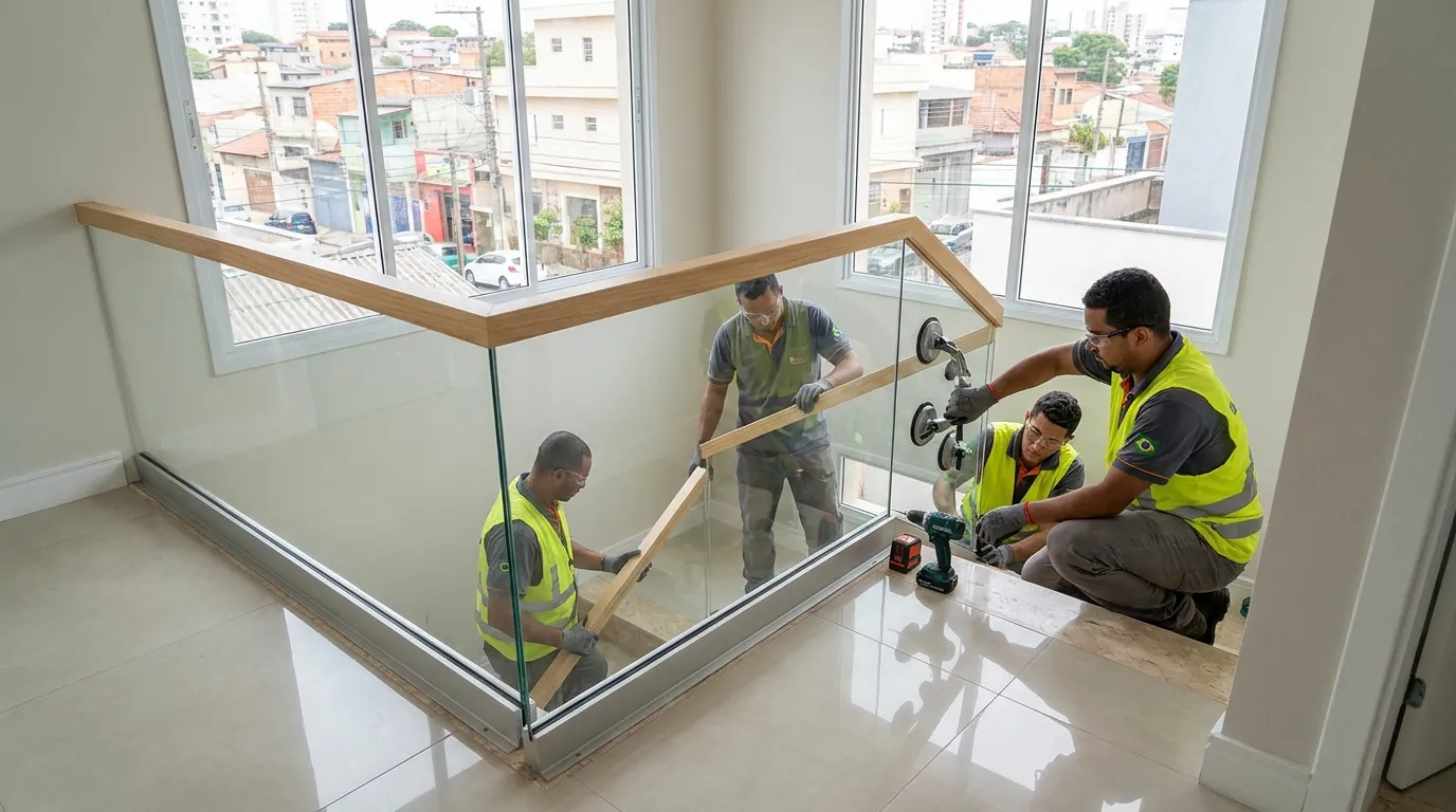 Guarda-corpo de vidro sendo instalado em desnível